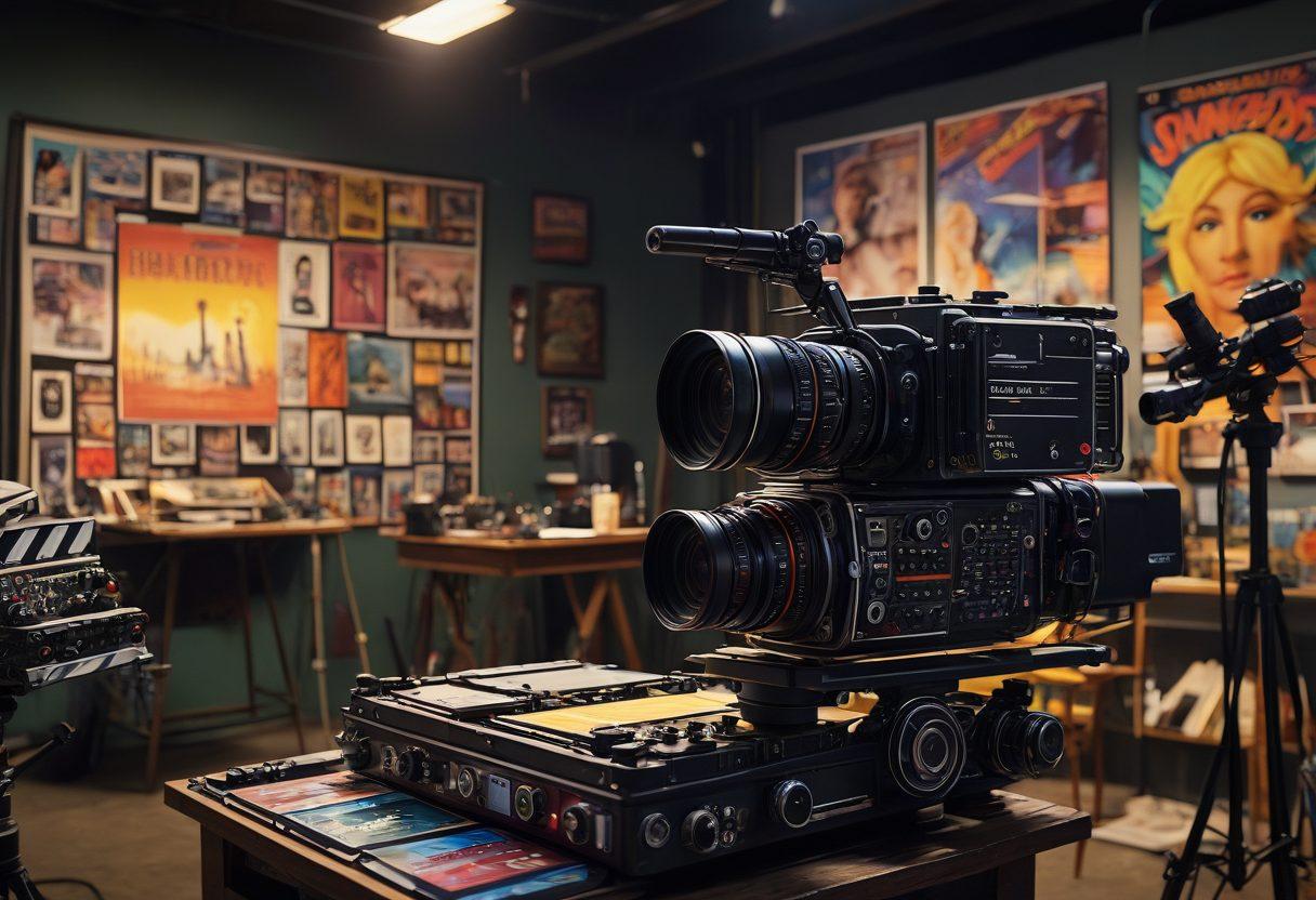 A vibrant film set showcasing diverse coverage options such as cameras, drones, and lighting equipment, with a busy crew collaborating in the background. Include colorful movie posters and a large clapperboard in the foreground to emphasize production. Capture the essence of creativity and teamwork in film. super-realistic. vibrant colors. dynamic composition.