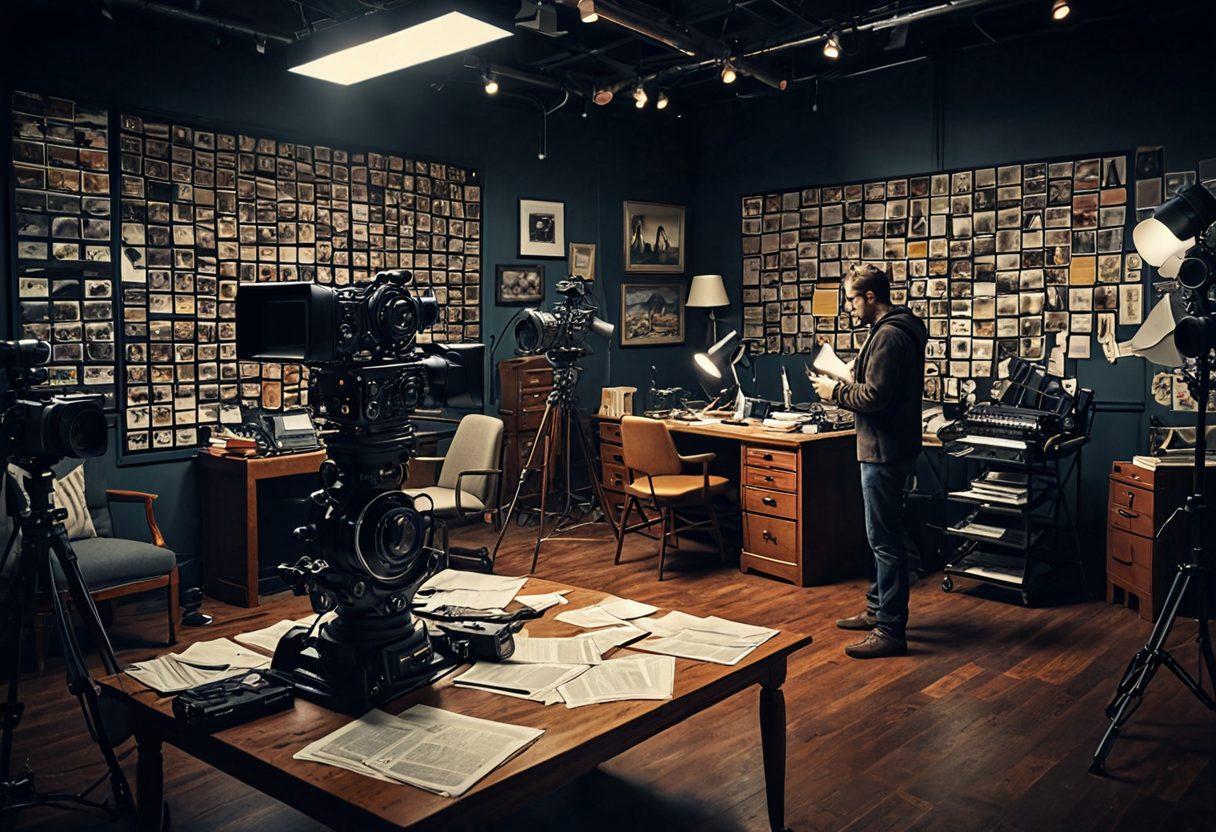 A detailed composition depicting a filmmaker on a vibrant movie set, surrounded by various insurance documents, clapperboards, and camera equipment. In the background, subtle imagery of film reels and iconic movie scenes symbolize the entertainment industry, while a magnifying glass emphasizes the focus on navigating complexities. The atmosphere should be creative yet professional, reflecting both risk management and artistic expression. dynamic colors. cinematic style. 3D.