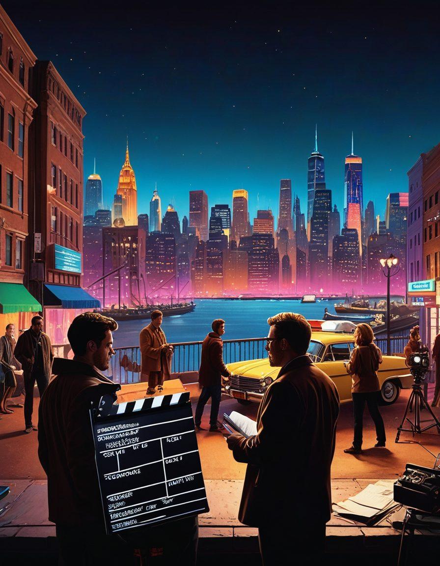 A dynamic film set showcasing a director behind the camera with vibrant lights illuminating the scene. In the foreground, a film crew is actively discussing insurance documents, with props like a clapperboard and film reels. The background features a bustling city skyline symbolizing the film industry. The scene captures the essence of creativity and business in filmmaking. super-realistic. vibrant colors. cinematic style.